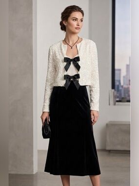 H&M Ivory Sequin Cropped Cardigan with Black Bow